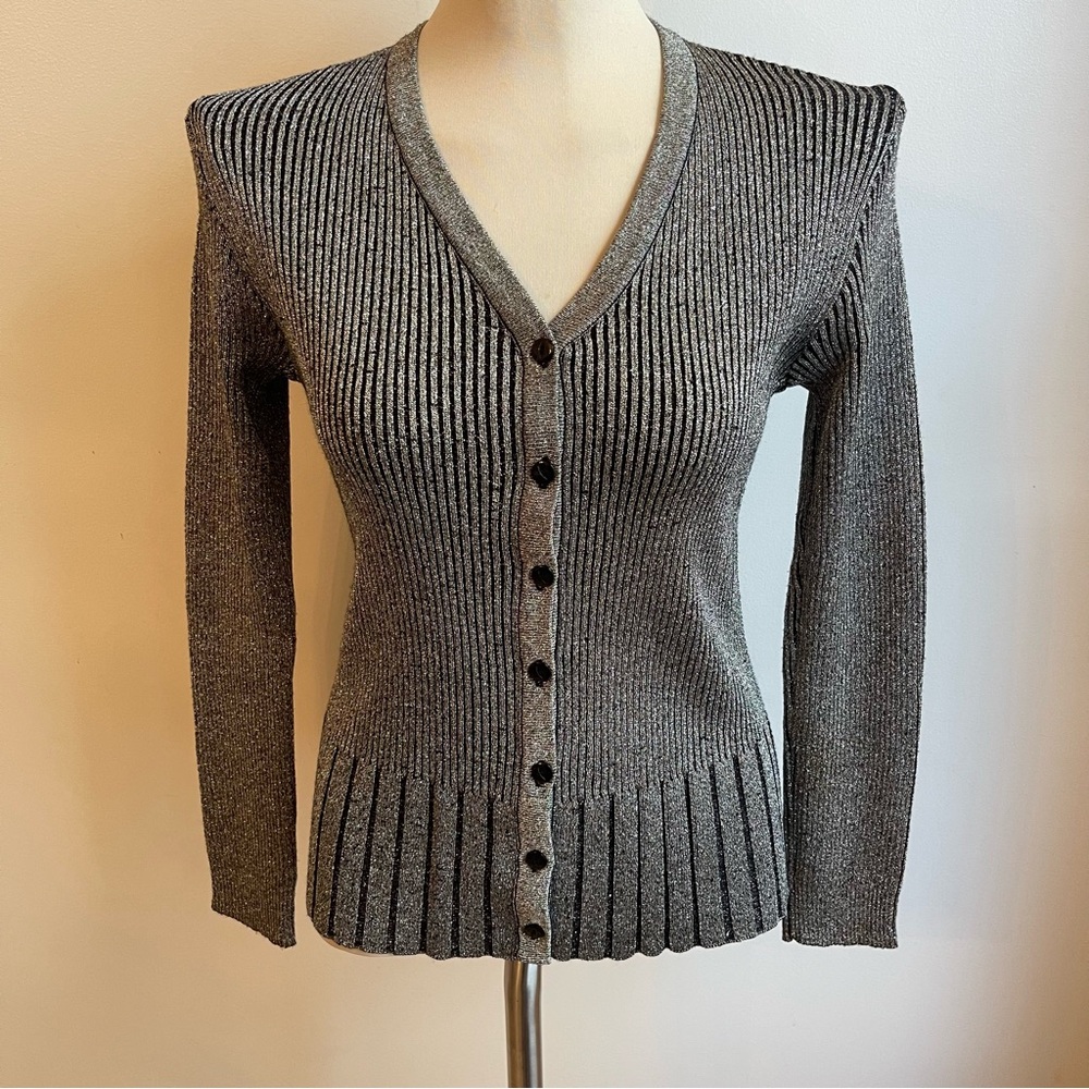 Vintage 70s Sweater Bee Banff Ribbed Cardigan Top Lurex Silver Black Knit Small